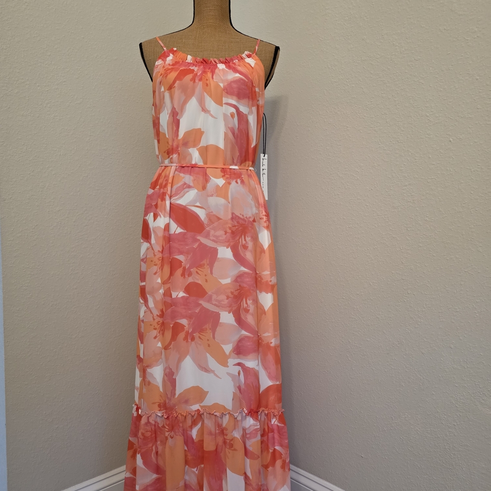 Long Floral Orange and White Maxi Dress